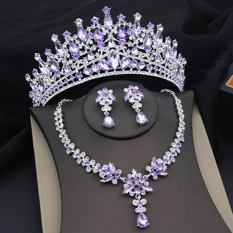 Purple Crystal Tiaras and Necklace Earrings Crown Bridal Set Jewelry Princess Bridal Dress Accessories 241007
