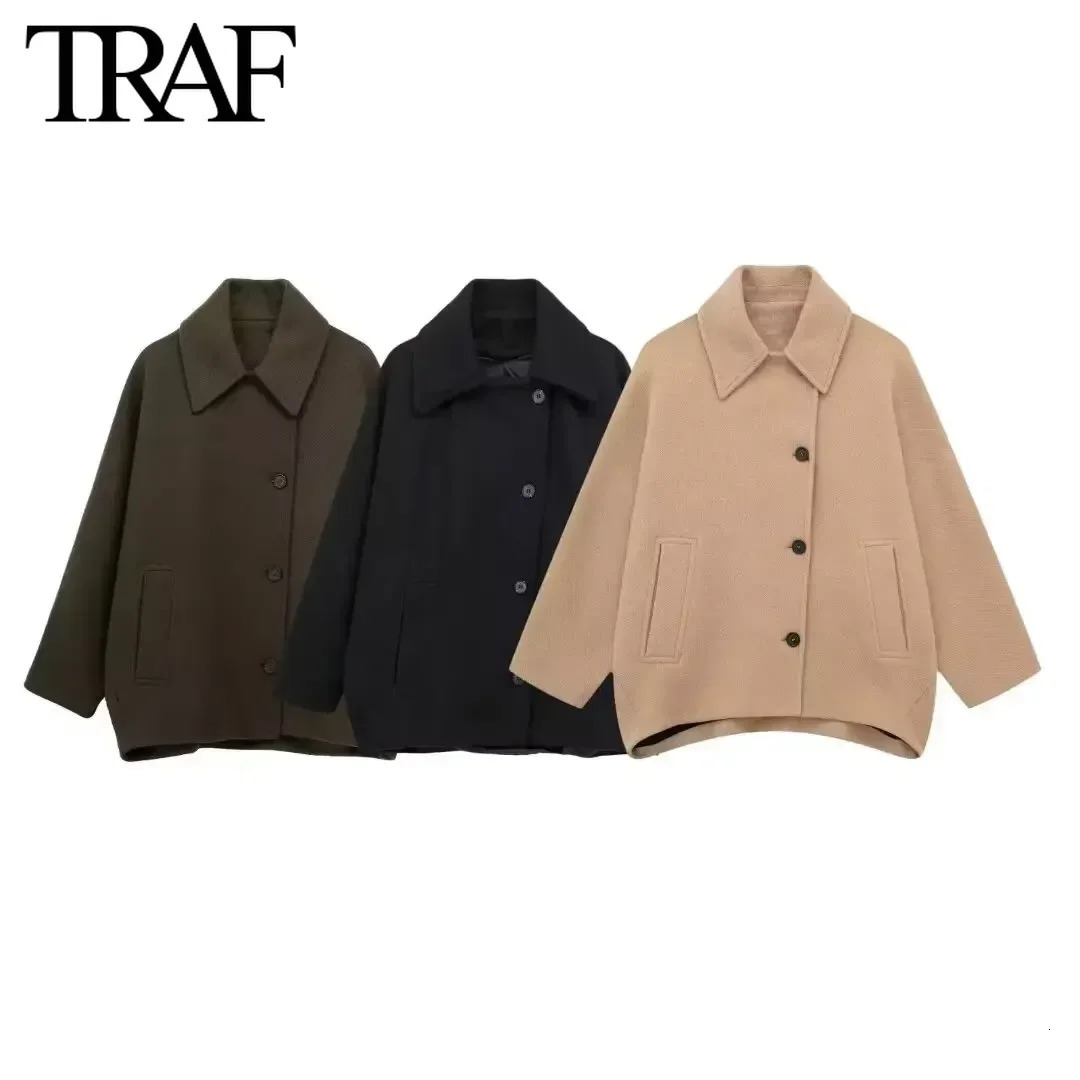 TRAF Women Fashion Autumn Winter Pocket Wool Blended Coat Jacket Long Sleeved Single Breasted Lapel Coats Chic Ladies Tops Mujer 240930