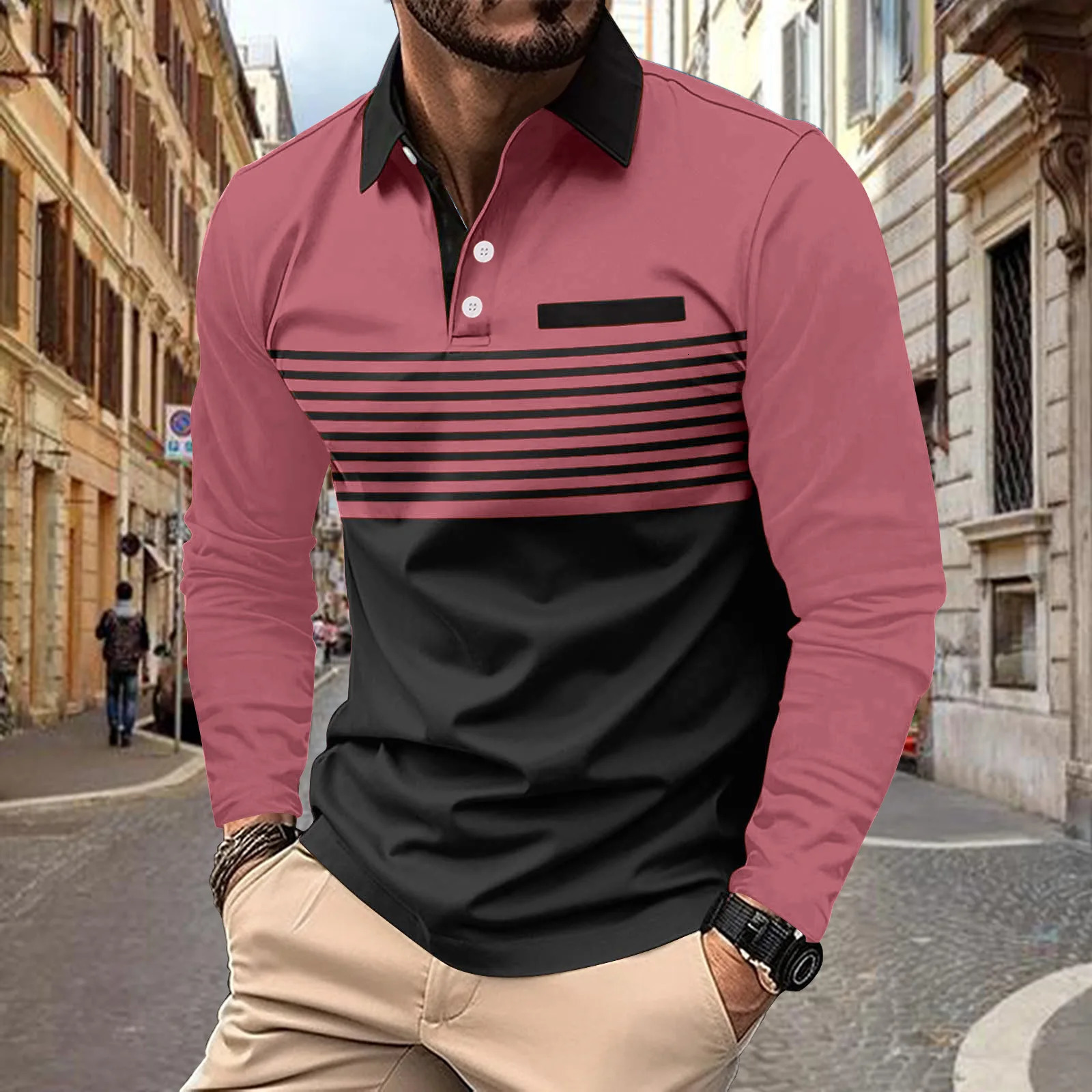 Trend Mens POLO Shirt Casual Fashion City Color Matching Lapel Button Stripe Dummy Pocket Long Sleeve Tops 241010