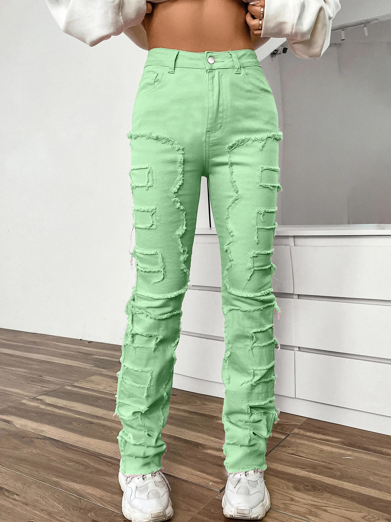 Women Jeans Denim Straight Pants Spliced Patchwork High Street Slim Fit Pockets Mid Waist Washing Zipper Slight Srech 2024 241007