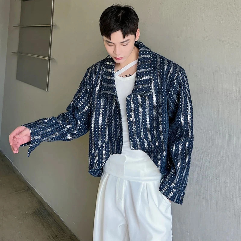 LUZHEN Denim Sequin Jacket Mens Short Coat Top 2024 Male Cardigan Fashion Long Sleeve Lapel Temperament Outerwear 87bf4e 241011