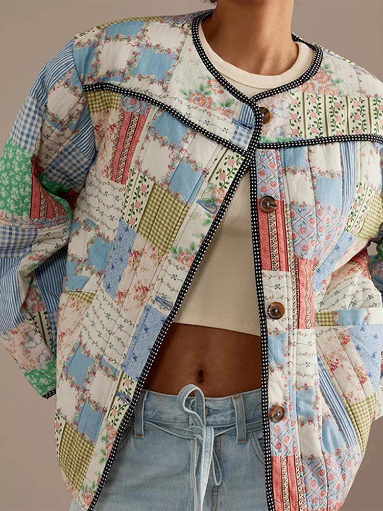 Womens Winter Jacket Printed Patch Work Warm Cotton Jacket Womens Pocket Single Piece Jacket Autumn Womens Street Clothing 241007