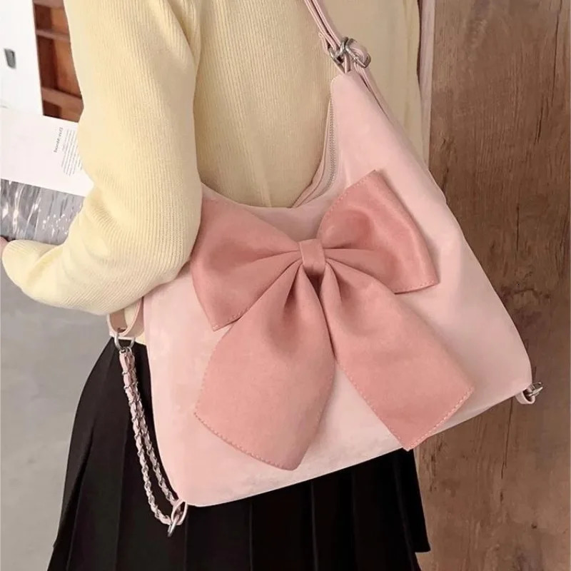 Xiuya Pink Bow Womens Shoulder Bag Korean Fashion Large Capacity Sweet Backpack Cute and Elegant Womens Handbag 241008