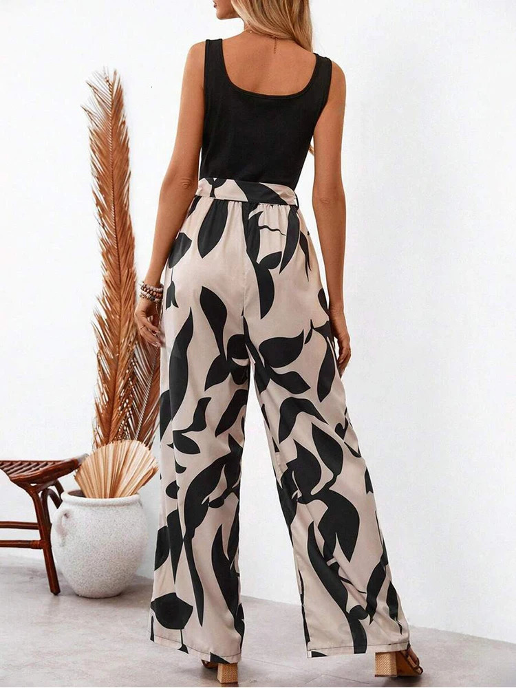 Elegant Sexy Jumpsuit Sleeveless Floral Print Patchwork Trousers Wide Leg Tanks Rompers Loose Style Belted Leotard Overal 240930