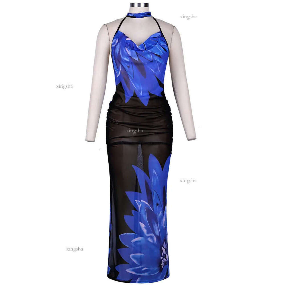 Basic Casual Dresses Summer Backless Maxi Dress for Women Sexy Mesh Printed See Through Slim Beach Dress Blue Long Club Party Vacation Outfits 230531