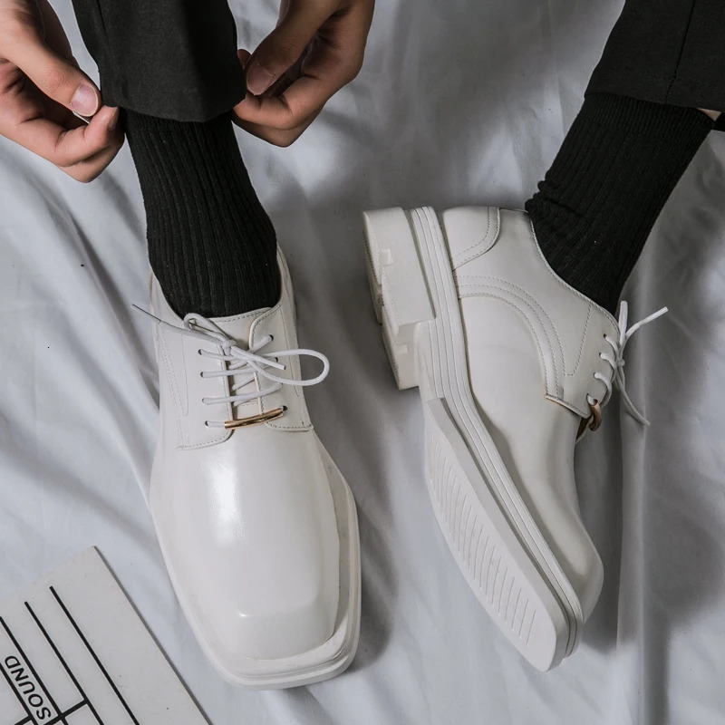 mens square toe patent black and white leather Loafers mens platform dress shoes retro thick high heels party shoes mens formal shoes 241007