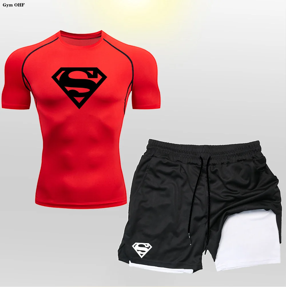 Super/Hero Men's Compression Shirts 2 in 1 Shorts Set Man Sportswear Fitness Gym Workout Rash Guard Kits Quick Dry Shirt