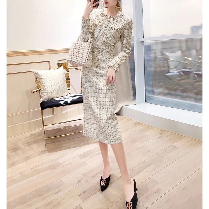 Womens fashionable coarse woolen suit dress autumn O-neck long sleeved single chest plain weave elegant dress evening dress party vest dress 241011