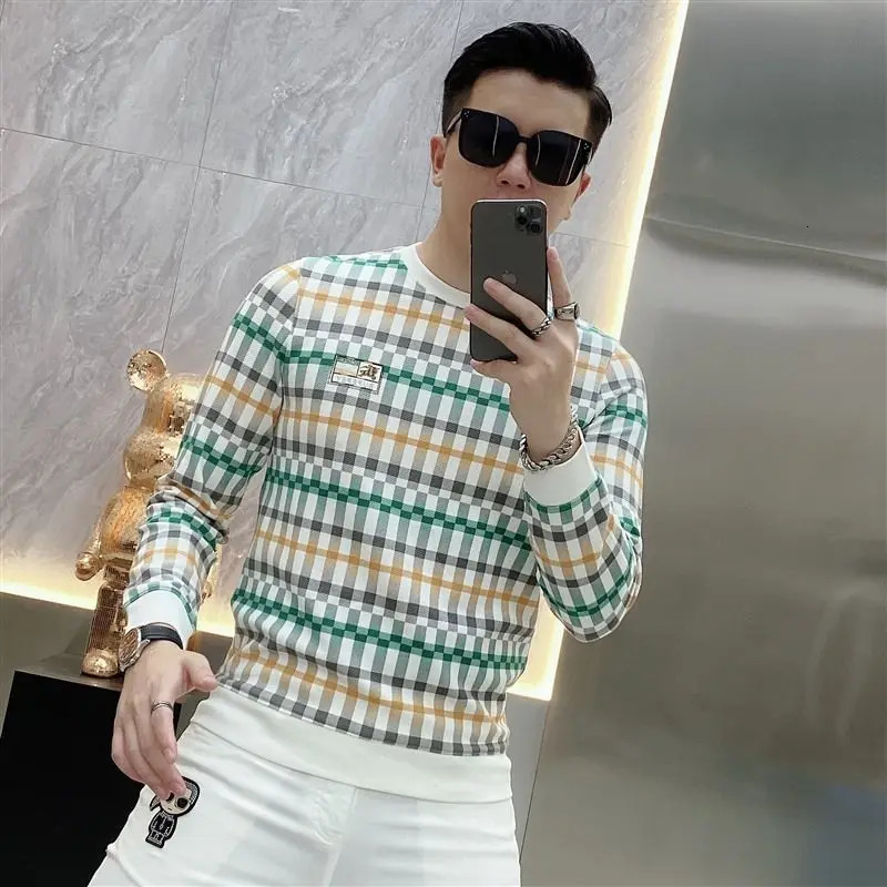 Men Clothing Trendy Plaid Print Business Casual Slim Sweatshirts Male Korean Round Neck Long Sleeve Pullover Tops Sudadera 241011