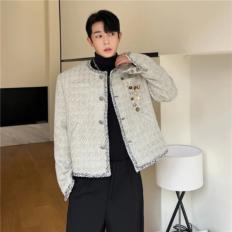 NOYMEI Trendy Korean Style Button Decorative Small Fragrance Jacket AutumnWinter 2024 Collarless Chic Coat Men WA3126 241011