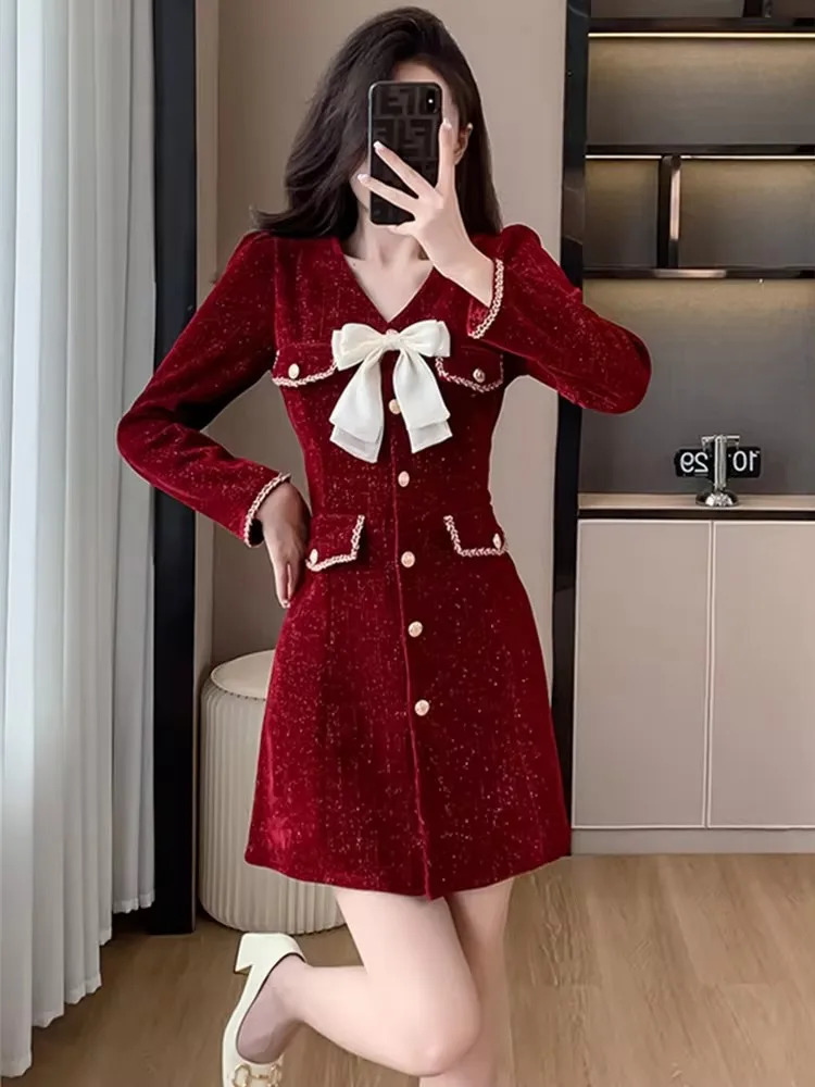 High quality autumn vintage elegant V-neck bow decoration tweed mini dress for women sparkling Christmas red long sleeved party dress 241011