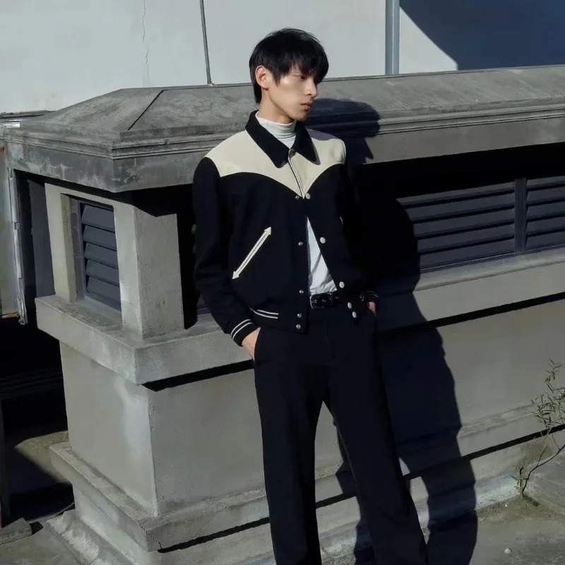 Mens baseball jacket retro patch work PU sleeves high street spring coat loose autumn racing motorcycle 241011