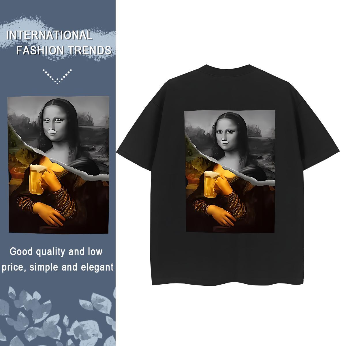 New Arrival T Shirt For Woman 100% Cotton 230g Crew Neck Breathable Casual Beach Mona Lisa Tshirt for Man Woman Unisex Black Oversized Top Shirts