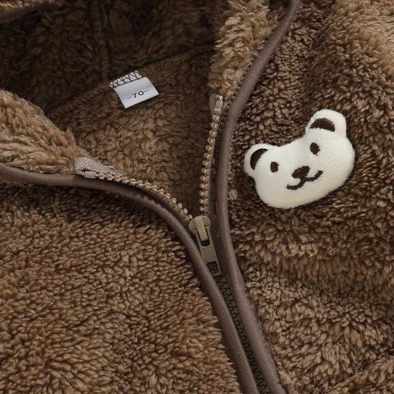 Hooded Coat Baby Boy Girl Fuzzy Jacket Winter Warm Clothes 3D Bear Zipper Sweatshirt Clre Fleece Tops Outerwear 241011
