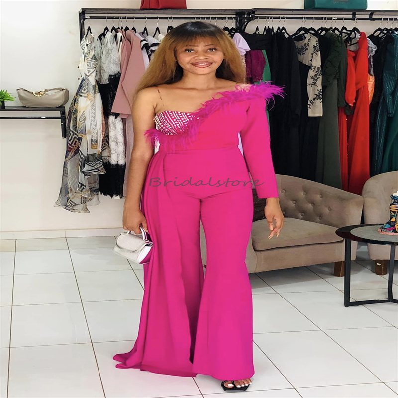 Hot Pink Prom Dresses Jumpsuit Black Girls Feather Evening Dress 2025 Elegant Long Sleeve Satin Beaded Holiday Birthday Party Dress With Train Vestio 