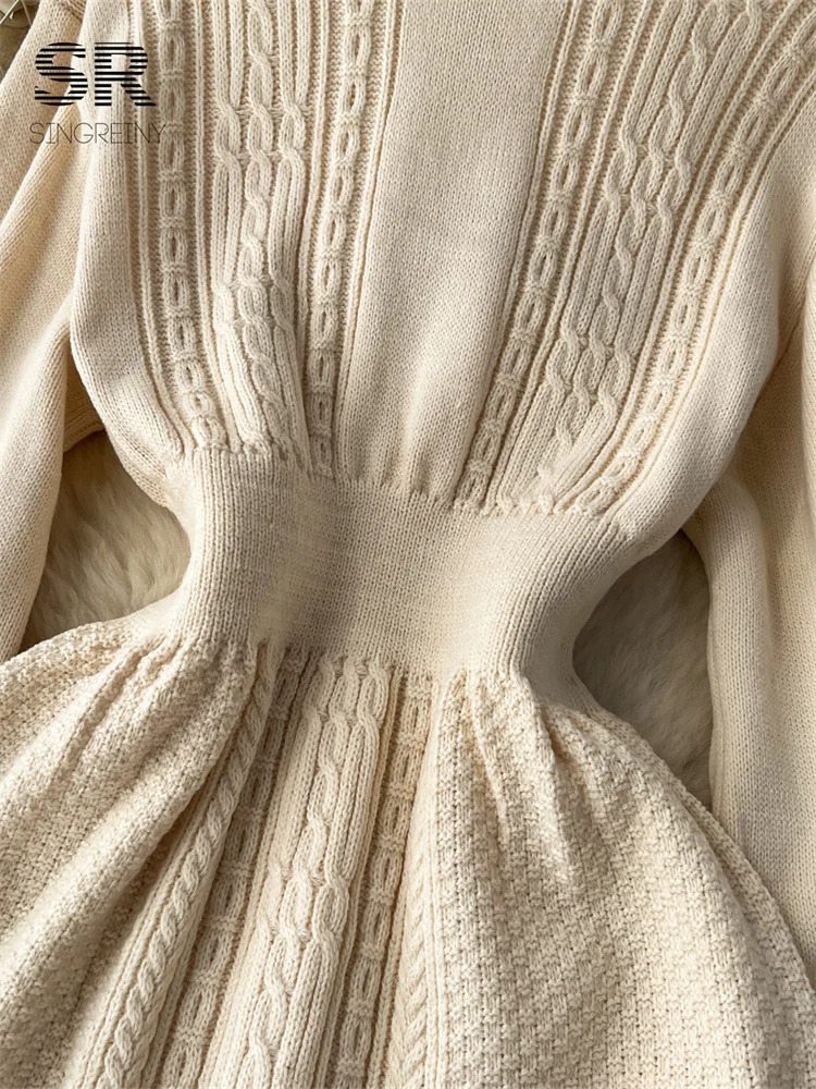 SINGREINY Loose Casual Knit Long Dress Women Solid Elastic Waist Lantern Sleeve O Neck Ladies Fashion Winter Sweater Dresses 241010