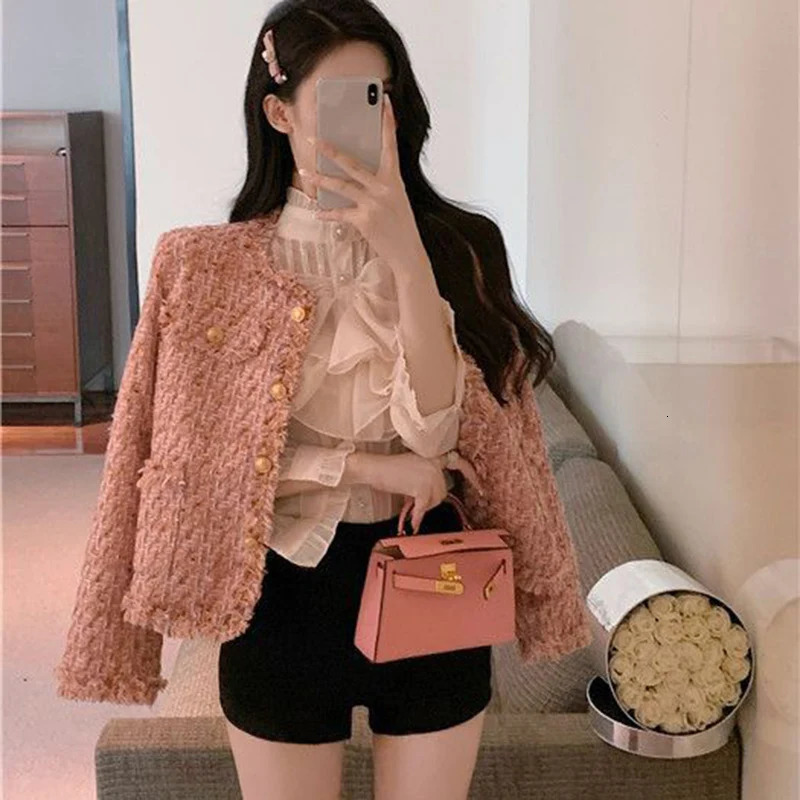 Rimboy elegant pink tweed cut jacket for womens autumn fashion long sleeved jacket for womens round neck social style party jacket 240930