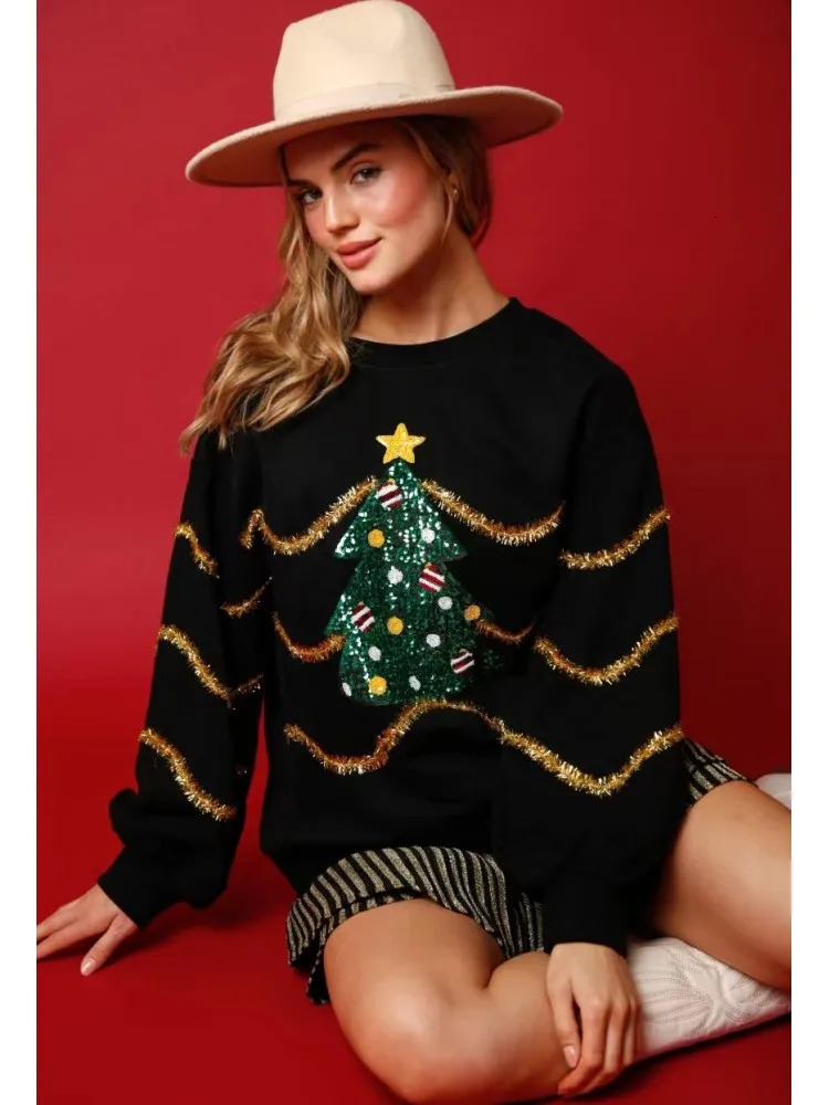 Glitter Patchwork Hoodies Vintage Tshirt Harajuku Slim Long Sleeve Streetwear Women Clothes Christmas Tee Top Autumn Winter 241011