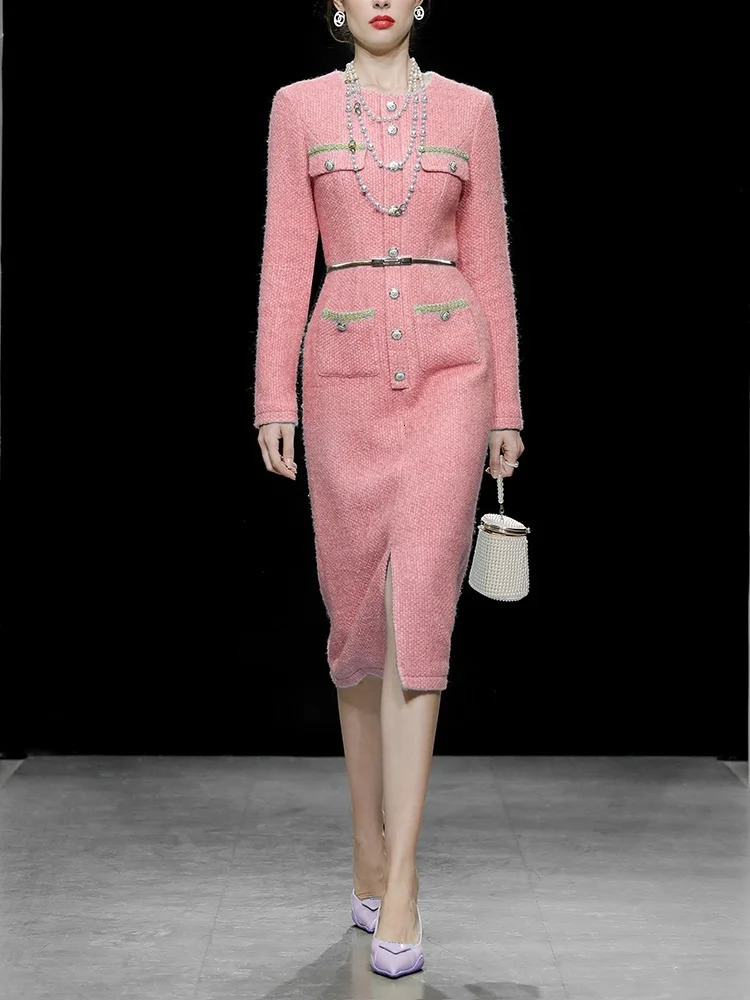 IEQJ temperature ultra-thin waist thick tweed womens full sleeved office womens long party dress spring fashion 3WQ1401 241011