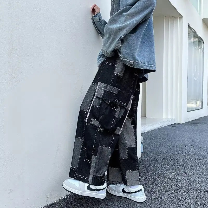 Y2K splicing straight jeans loose cargo large pocket pants Japanese Harajuku streetwear Korean fashion loose wide leg jeans 241007