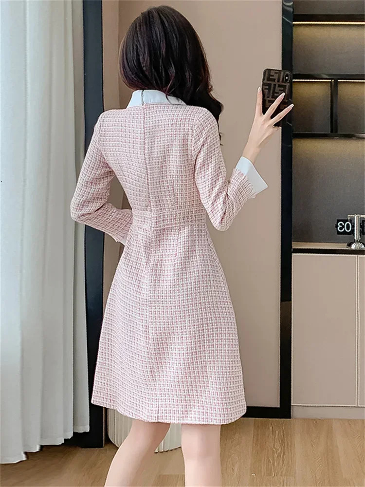 elegant pink coarse tweed womens clothing Korean fashion long sleeved lapel long sleeved wool A-line office womens dress Vestidos 241011