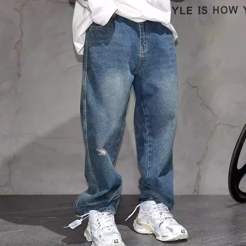 American retro blue ripped pocket jeans streetwear skateboarding denim pants mens clothing Harajuku fashion casual 241008