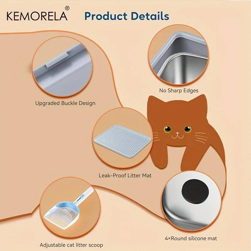 Large Stainless Steel Cat Litter Box, Open Cat Toilet, Durable, Comfortable and Easy to Clean with a Litter Scoop and Litter Mat