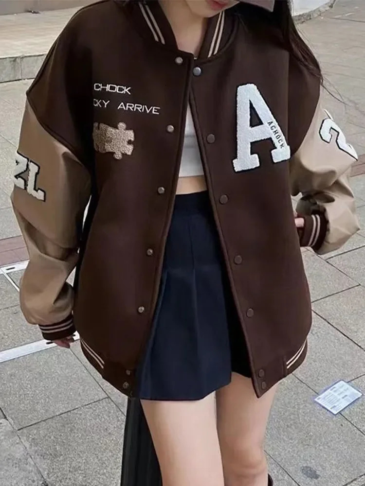Fleece Baseball Jackets Women Autumn Vintage Bomber Coats Female Y2K Letter Printed Jacket Ladies Preppy Style Outerwear 241011