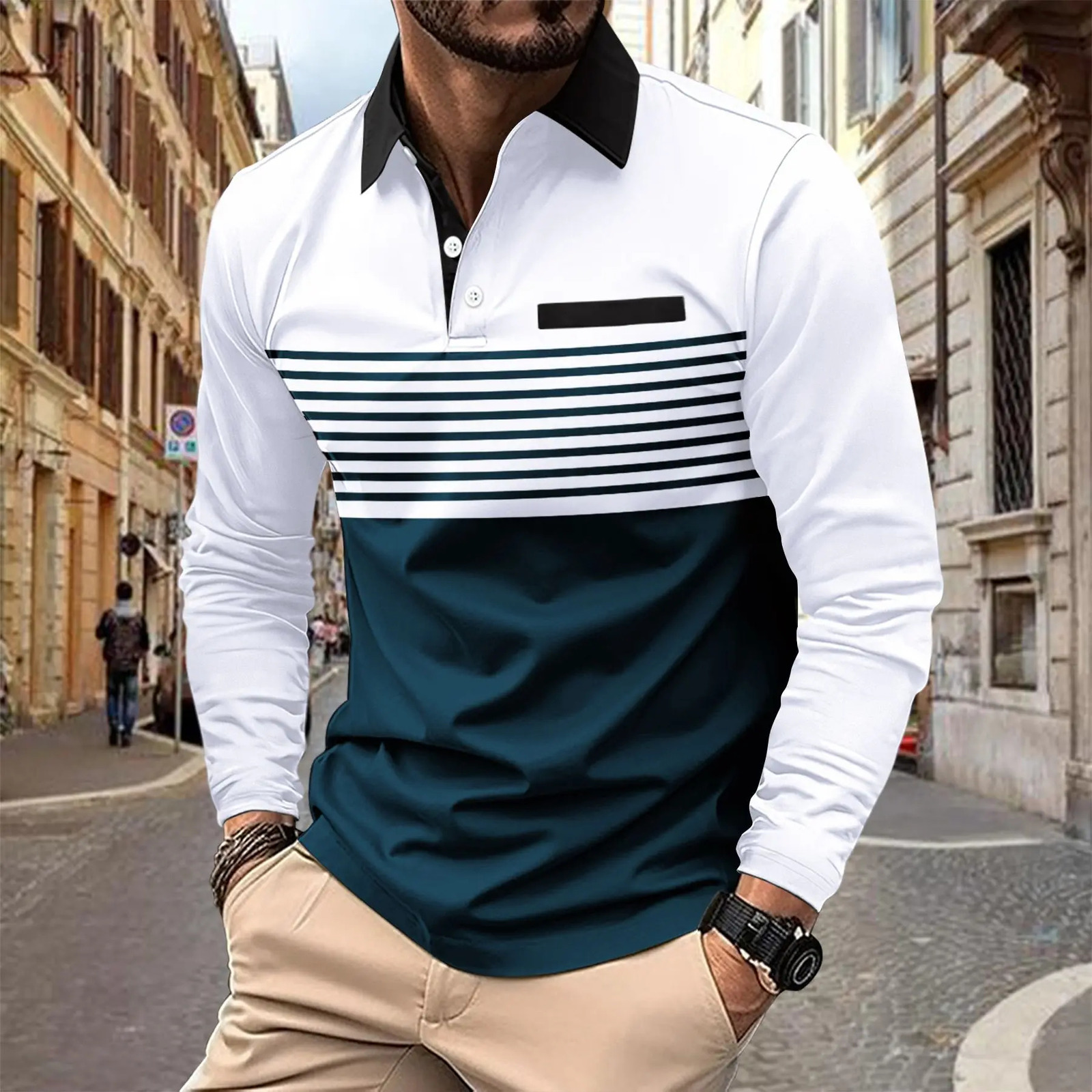 Trend Mens POLO Shirt Casual Fashion City Color Matching Lapel Button Stripe Dummy Pocket Long Sleeve Tops 241010