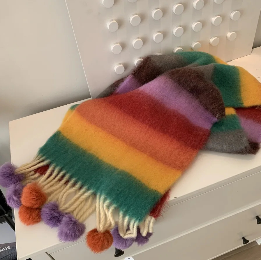 Winter Soft Warm Scarf Women Fashionable Plush Colorful Striped Scarf Versatile Mohair Couple Shawl Long Vintage Scarf Shawl 241009