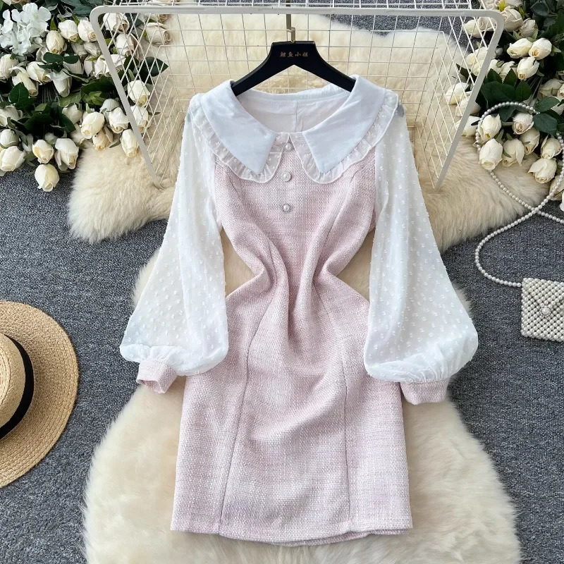 Fashionable sweet pink long sleeved dress for women coarse tweed mesh long sleeved dress autumn polka dot pearl office dress 241011