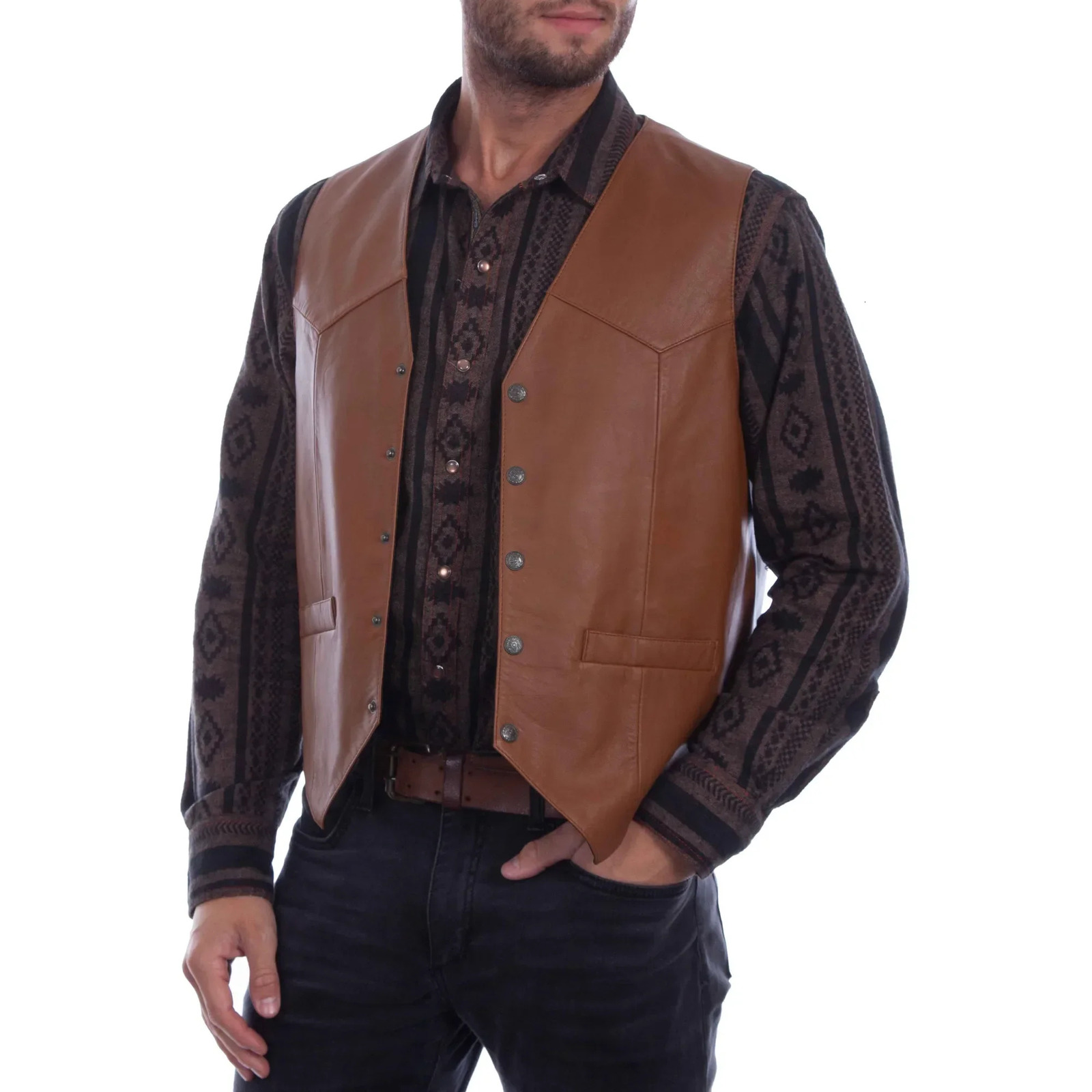 Men Soft 100 Leather Vest Snap Western Mens Gift Holiday Attire Informal Biker 241008