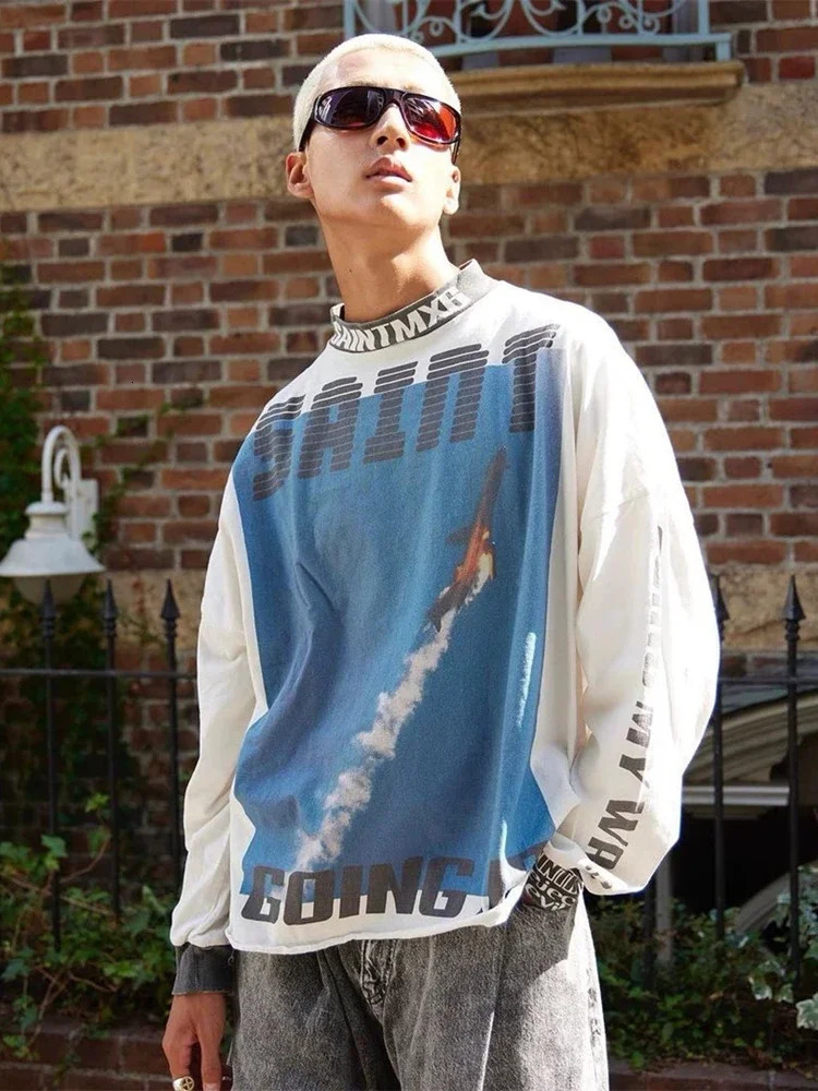 Yao Fashion Saint Of Michael 24SS Casual Men Clothing Long Sleeve Tee Vintage Retro Oversize Streetwear HipHop T Shirt 241011
