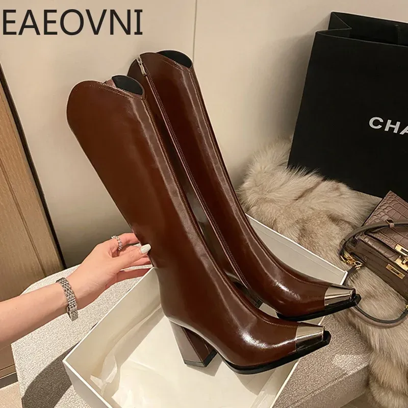 Designer Winter Woman High Fashion Pointed Toe Long Boots Shoes Ladies Elegant Square Heel Women's Knight Bootties 241122