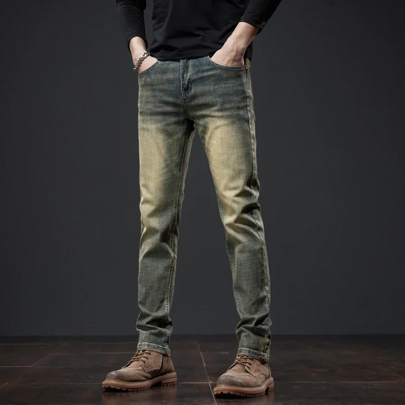 Spring mens classic business jeans straight workwear retro Distressed ultrathin denim pants fashionable casual clothing 241008