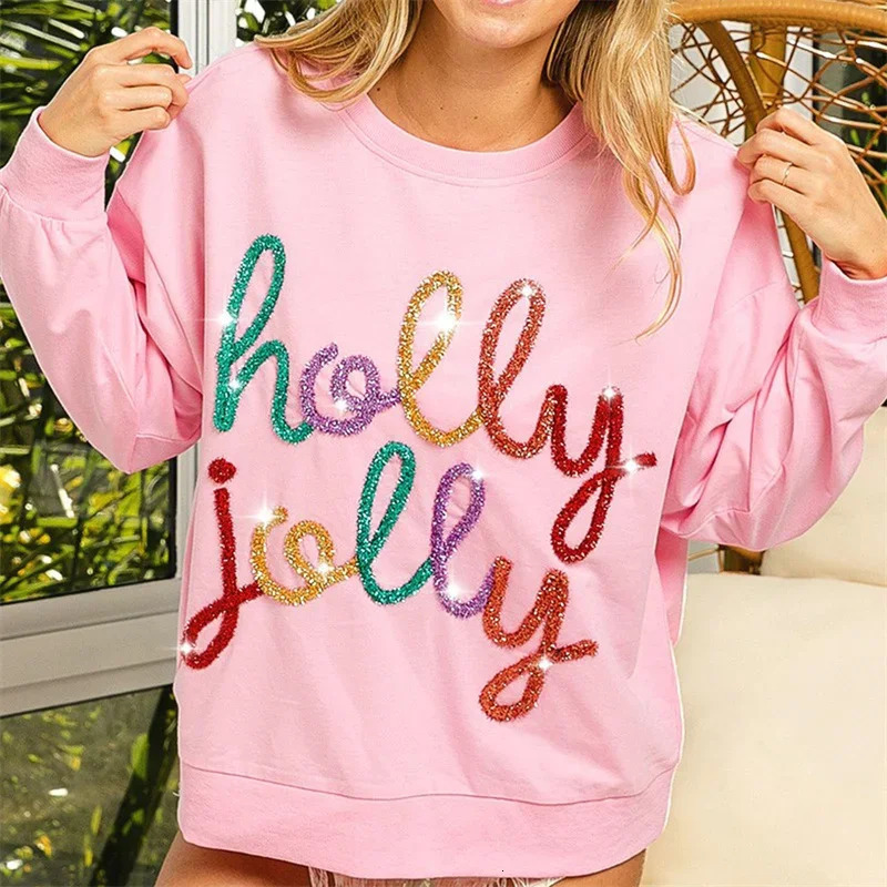 Christmas Womens Sequin Letter Sweatshirt Holly Jolly Clothes Colorful O Neck Long Sleeve Hoodies Holiday Clothing Streetwear 241011