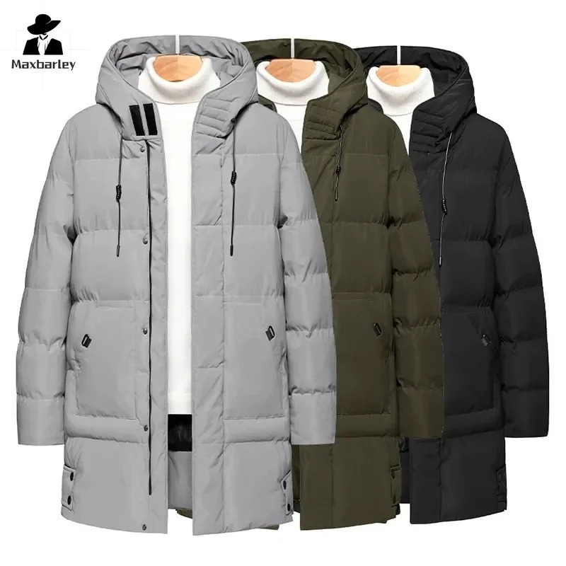 Mens thick coat warm long coat casual slim fit hooded mens park winter pure cotton apron jacket clothing 241007