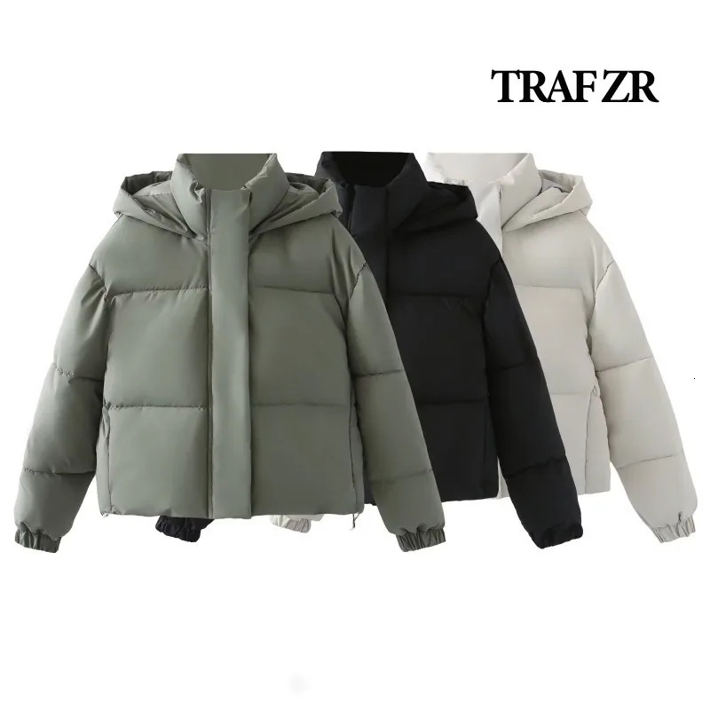 TRAF ZR Short Parkas Elegant Womens Coat Woman Winter 2024 Casual Warm Coats Hooded Solid 240930
