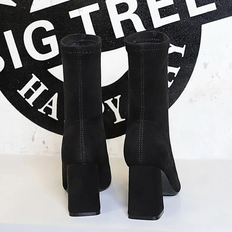 BIGTREE High Suede Ankle Pointed Toe Soc Thick Heel Women Shoes Warm Winter Boots Size 43