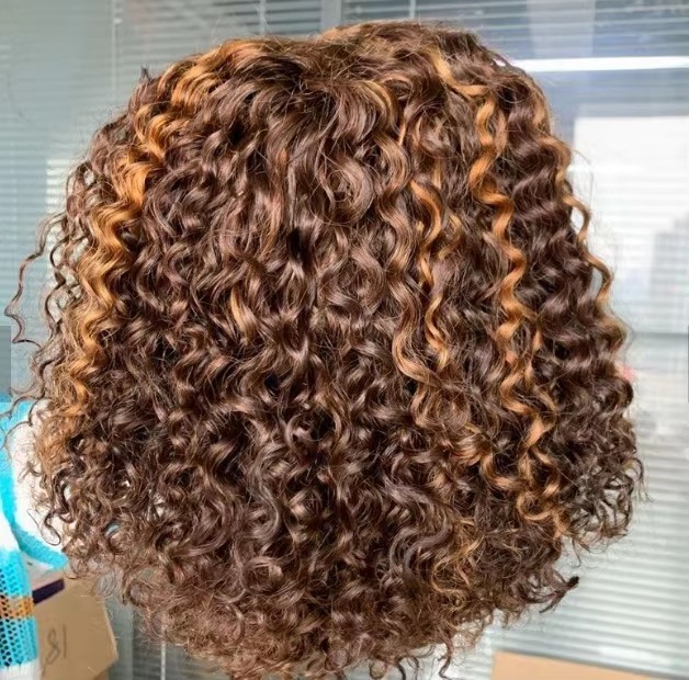 10a Ombre Brown Color Afro Curls Deep Curly Bob Wig Raw Indian Full Cuticle Mink Human Hair no Lace Front Wigs With Bang