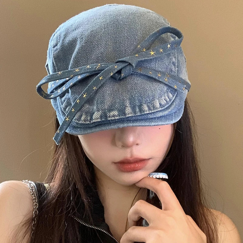 Original Bow Strap Berets Caps for Women Spring and Summer Travel Ins Versatile Sunscreen Retro Denim Forward Hats 241009
