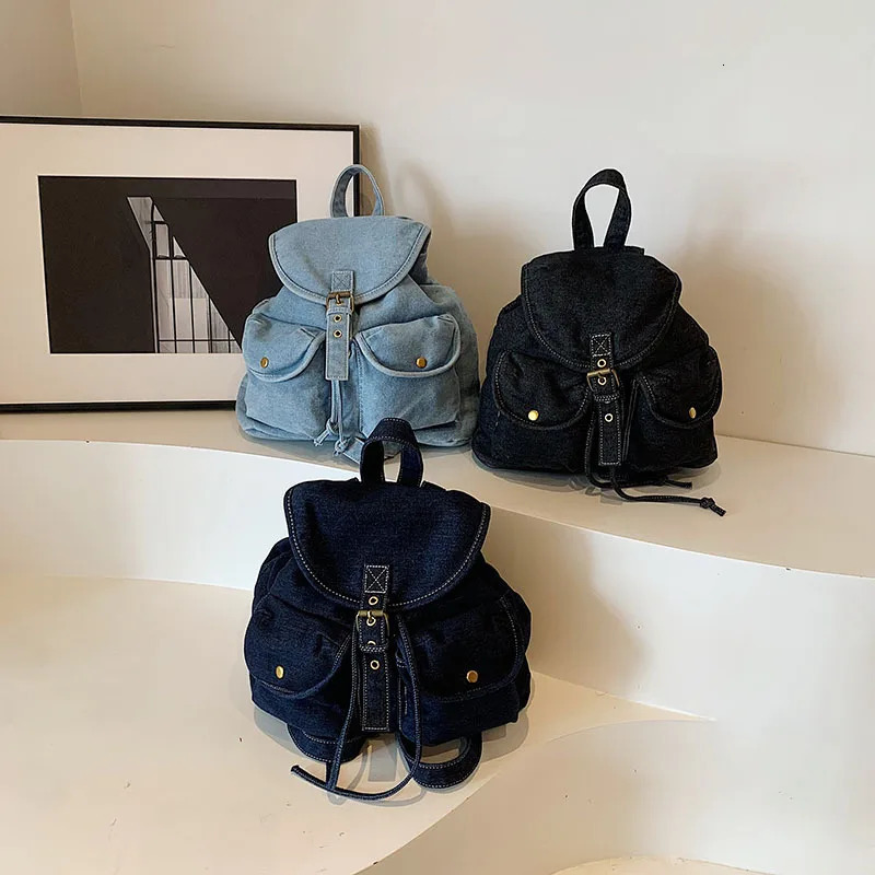 Casual denim drawstring backpack Korean mini Japanese bag canvas fashionable womens handbag travel bag Rucksack school bag 241008