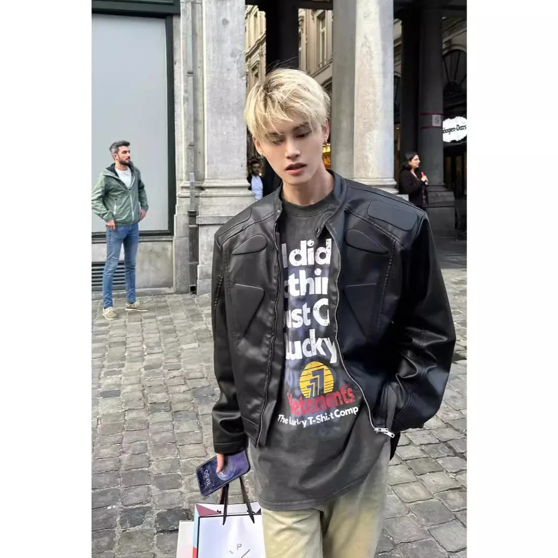 American style niche high-end felt street bike leather jacket mens loose fit spring and autumn clothing 241011