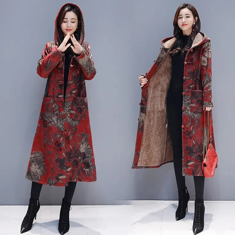 Winter clothing ethnic style button loose womens thick velvet thick warm jacket womens printed hooded wool coat 241007