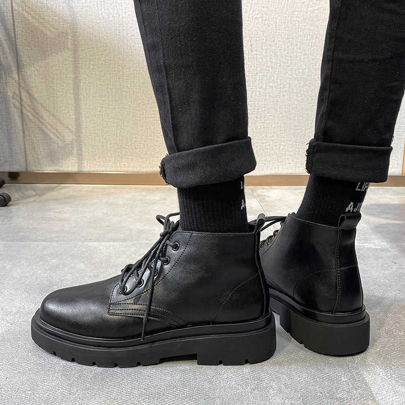 Martin Boot Breathable Ankle Boots Mens Mid Top Korean Style Trendy Leather Boots Mens British Versatile Casual High Top Leather Shoes Fashion Boots 2