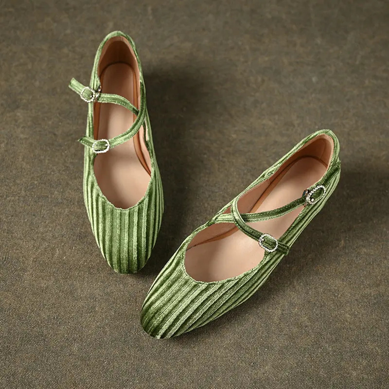 Velour Velvet Good Quality Women Med Round Heels Olive Army Green Cross-strap Vintage Retro Lady Mary Janes Pumps Office Shoes 241010