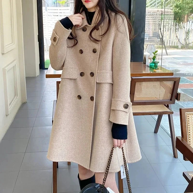 Double layered womens purple temperature wool coat womens medium long Korean wool fashionable doll neck coat 240930