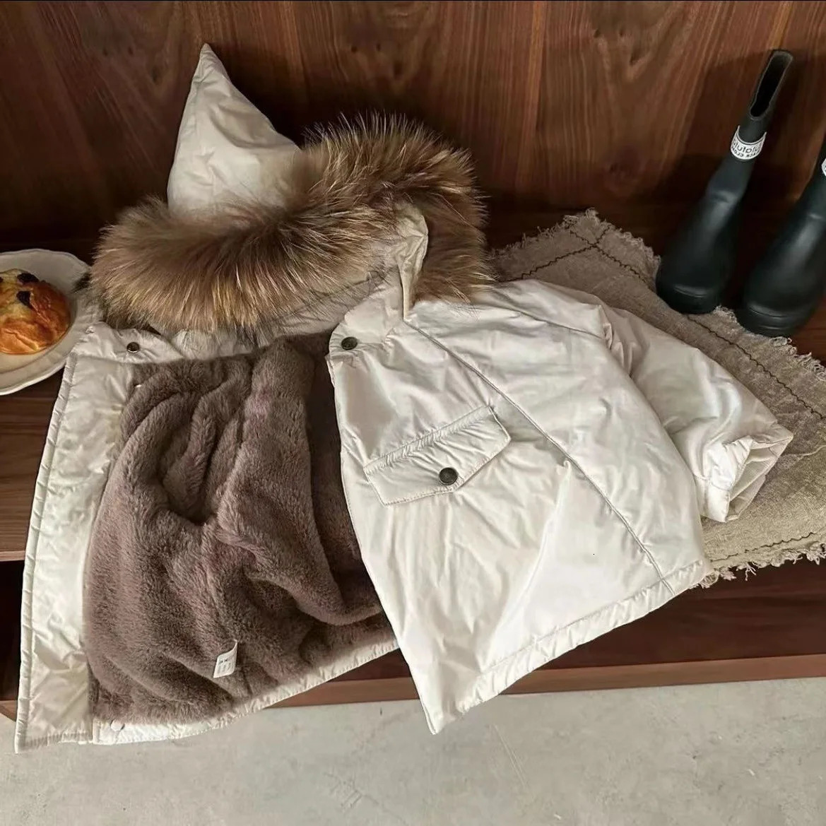 Coat Children Cotton Clothes Winter Boys Girls Fur Collar Hooded Tops Baby Personality Loose 2024 Warm Simple 241011