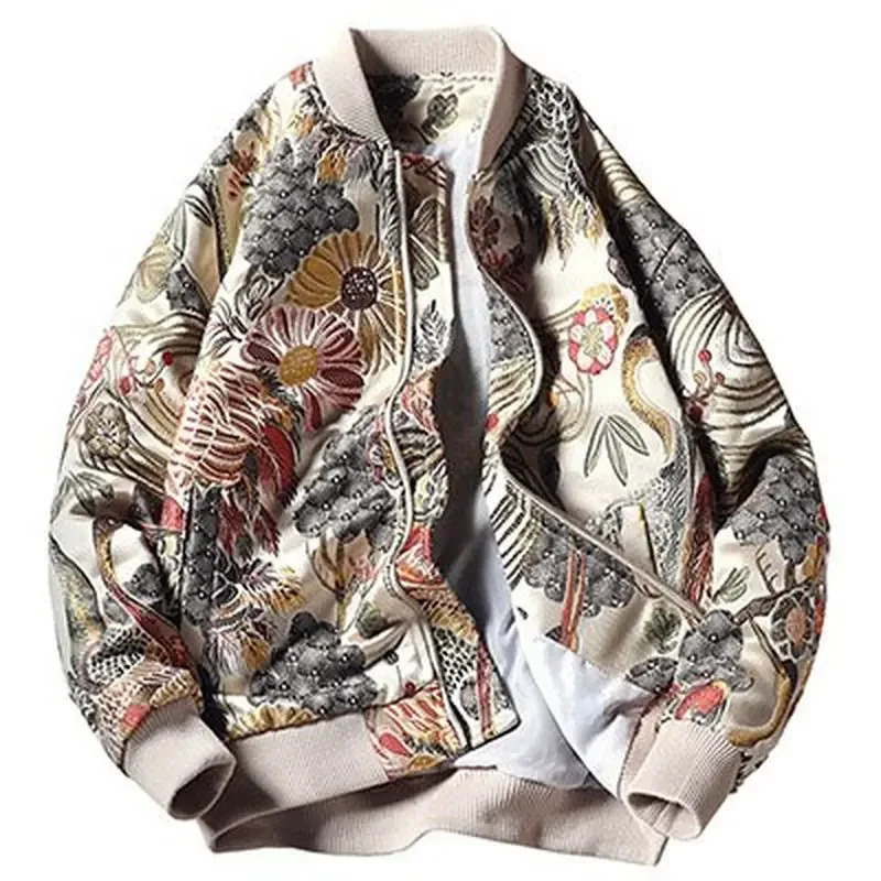 Japanese style mens floral and crane embroidery bomber jacket stand collar streetwear college baseball autumn coat 241011