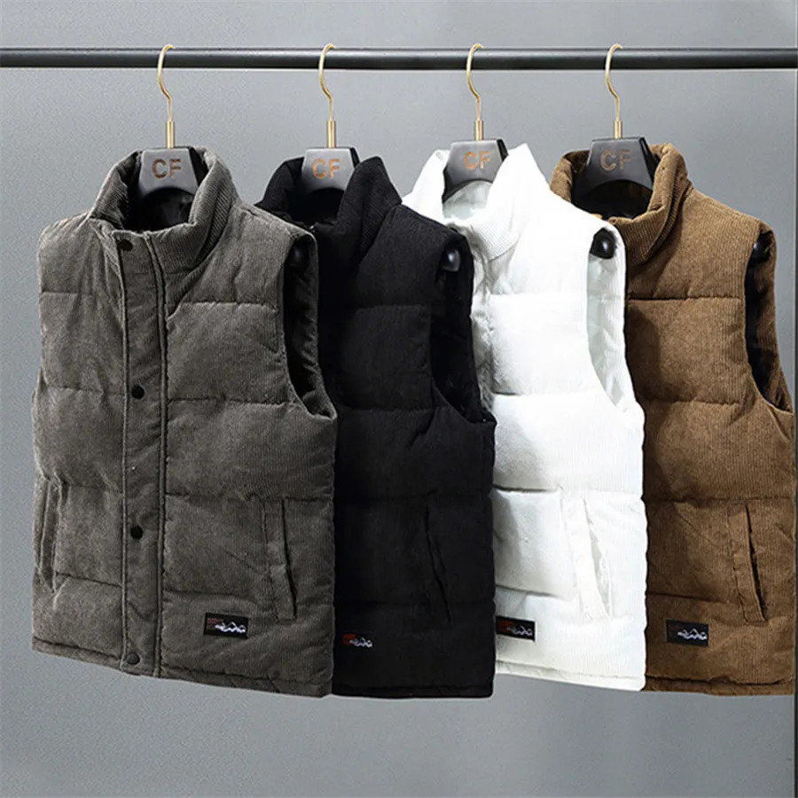 2024 Vest Jacket Mens Autumn Winter Warm Sleeveless Coat Stand Collar Padded Waistcoat Corduroy Work Wear Male Clothes 5XL 241011